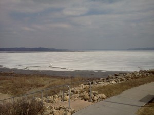 Note debris pilied along ice edge.